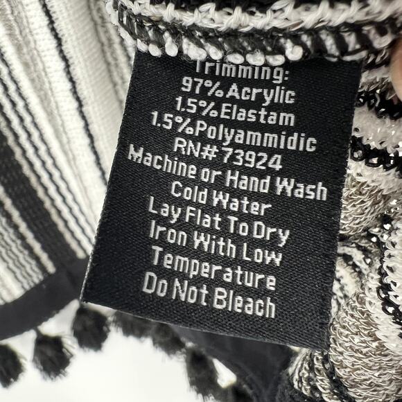 Misook Collection Cardigan Pom Pom Fringe Open Sweater Large Black White Striped - Picture 7 of 10